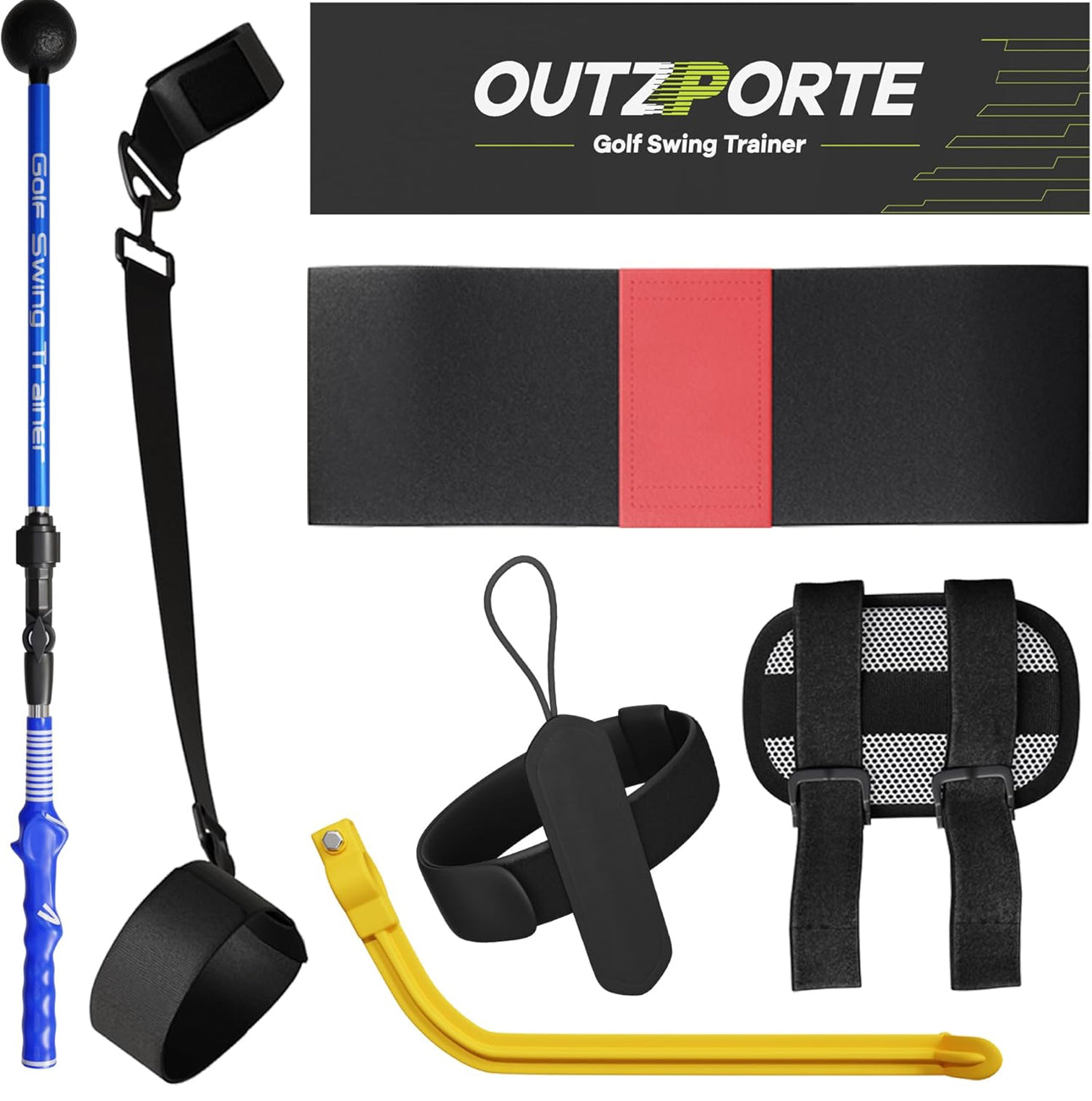 Golf Swing Trainer Aid Set - Adjustable Golf Training Sticks with Elbow Swing Correcting Tool, Golf Wrist Hinge Trainer, Arm Band & More - Portable Golf Training Equipment for Golf Beginners