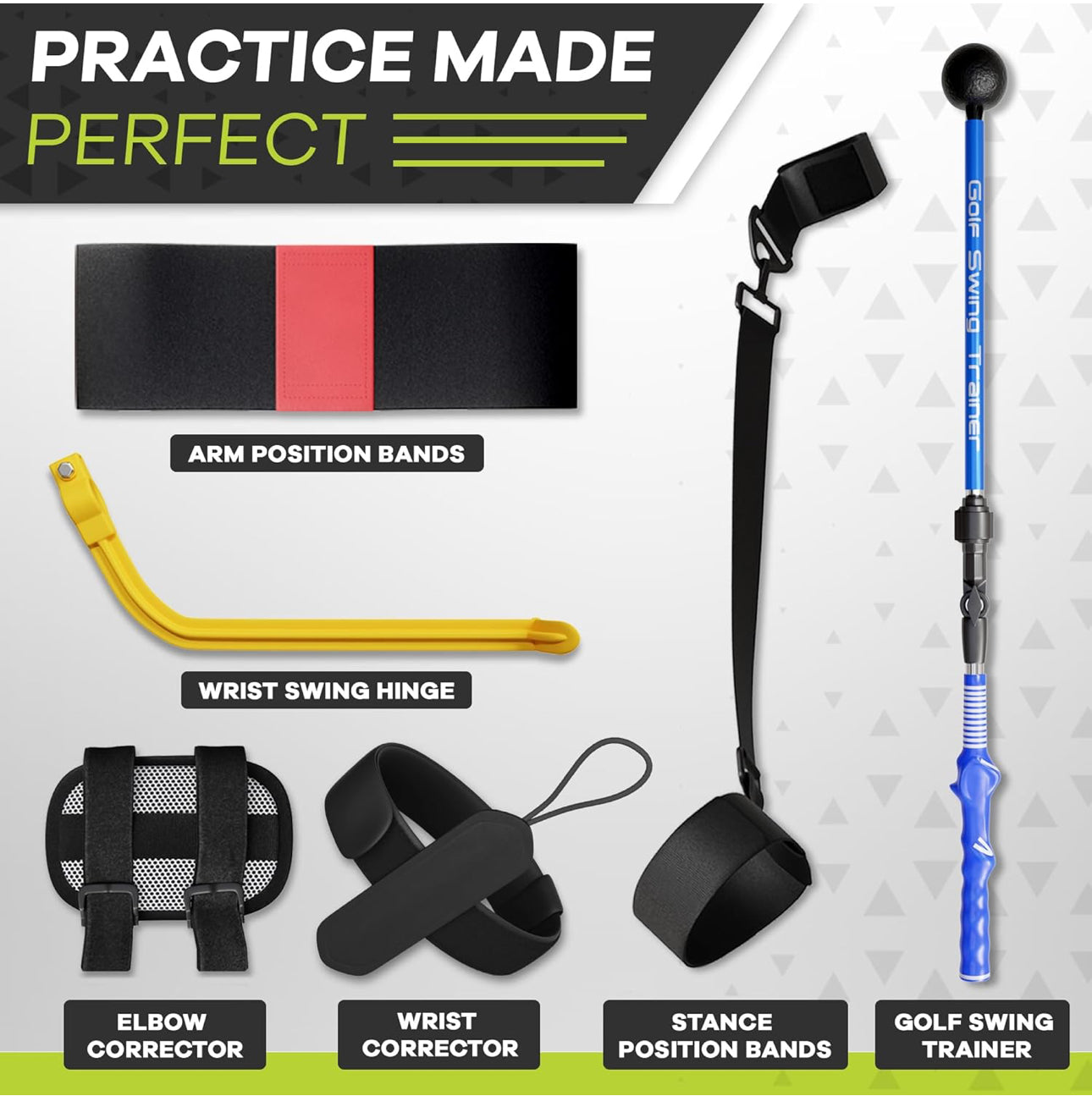 Golf Swing Trainer Aid Set - Adjustable Golf Training Sticks with Elbow Swing Correcting Tool, Golf Wrist Hinge Trainer, Arm Band & More - Portable Golf Training Equipment for Golf Beginners