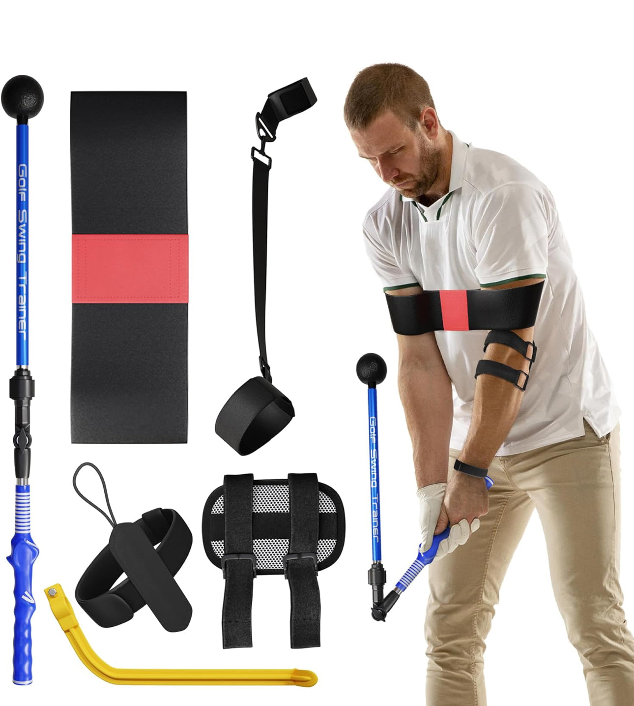 Golf Swing Trainer Aid Set - Adjustable Golf Training Sticks with Elbow Swing Correcting Tool, Golf Wrist Hinge Trainer, Arm Band & More - Portable Golf Training Equipment for Golf Beginners