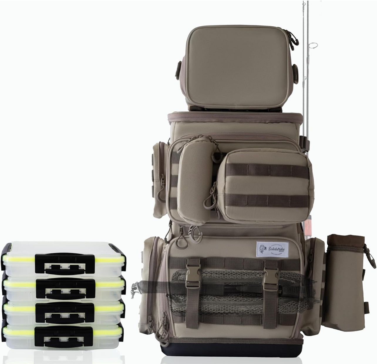 Solidstrike Gear - Modular Fishing Backpack with Solid Base/Cooler Bag / 4 Tackle Boxes/Rod & Net Holders/Accessories/Large Storage fits 8 x 3600 or 3 3700 trays/Waterproof and Durable