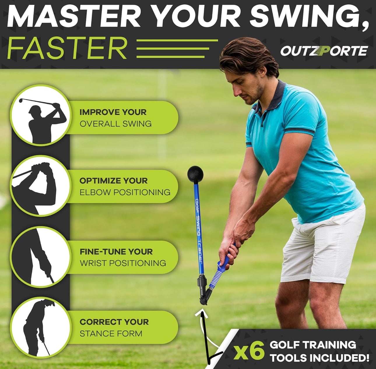 Golf Swing Trainer Aid Set - Adjustable Golf Training Sticks with Elbow Swing Correcting Tool, Golf Wrist Hinge Trainer, Arm Band & More - Portable Golf Training Equipment for Golf Beginners