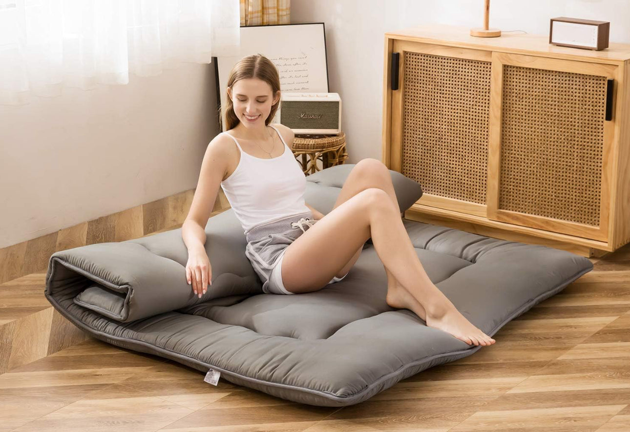 Japanese Floor Mattress Futon Mattress, 4" Thicken Tatami Mat Sleeping Pad Foldable Roll Up Mat Boys Girls Dormitory Pad Kids Floor Lounger Pillow Bed, Charcoal Grey, Full Size