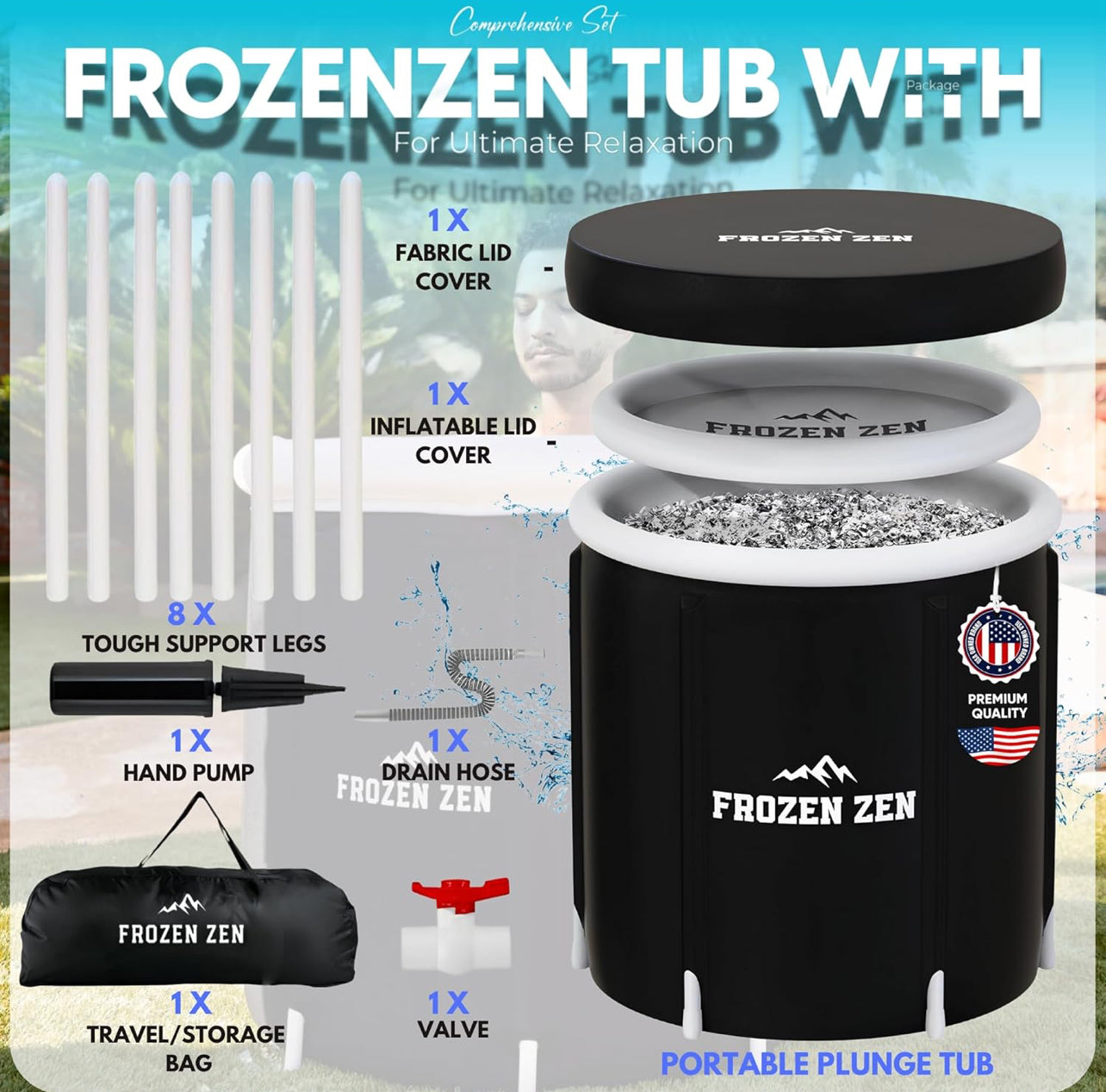 Frozen Zen Ice Bath Tub For Athletes with Lid, XL 105 Gallons Portable Ice Bath, Outdoor Cold Plunge Tub, Large Inflatable Ice Bath, Cold Water Therapy Training (1, white/black)