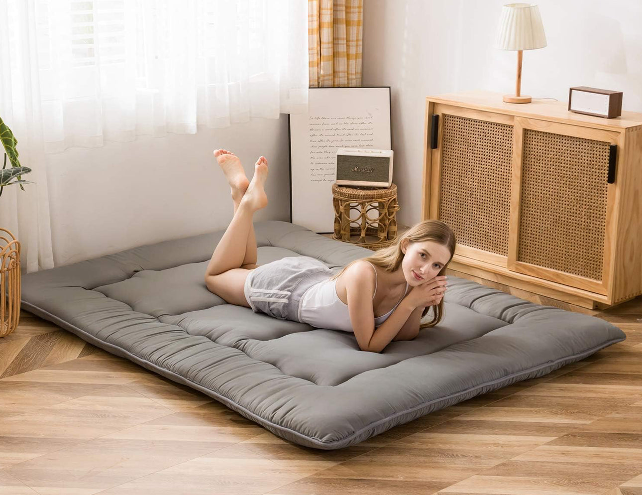 Japanese Floor Mattress Futon Mattress, 4" Thicken Tatami Mat Sleeping Pad Foldable Roll Up Mat Boys Girls Dormitory Pad Kids Floor Lounger Pillow Bed, Charcoal Grey, Full Size