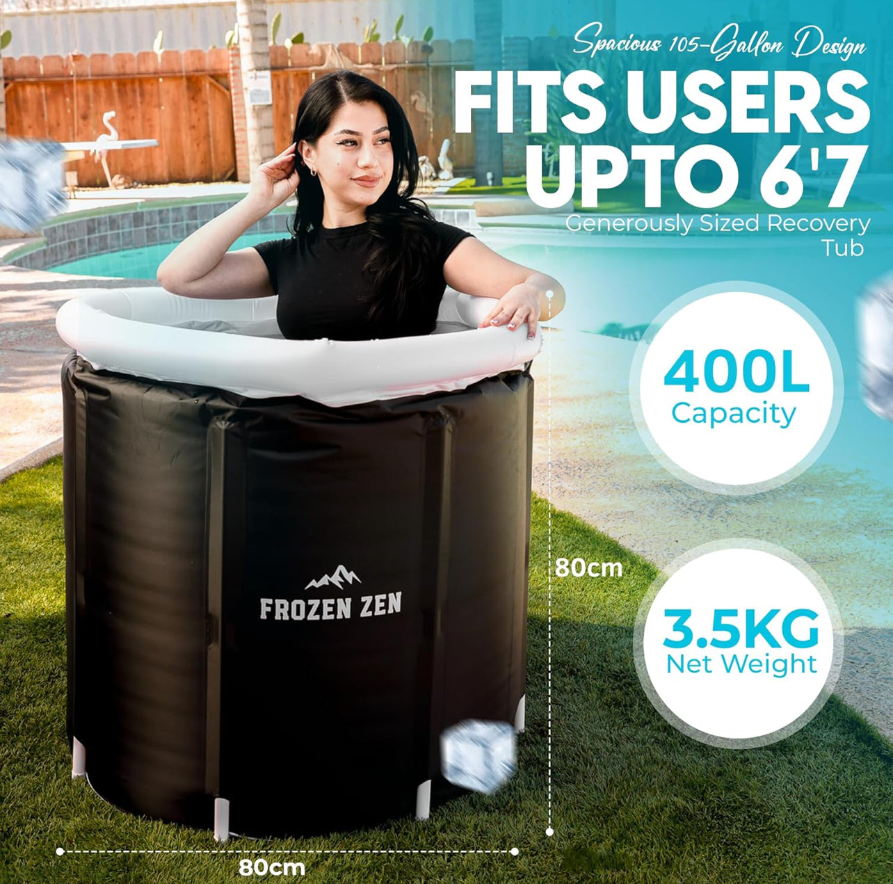 Frozen Zen Ice Bath Tub For Athletes with Lid, XL 105 Gallons Portable Ice Bath, Outdoor Cold Plunge Tub, Large Inflatable Ice Bath, Cold Water Therapy Training (1, white/black)