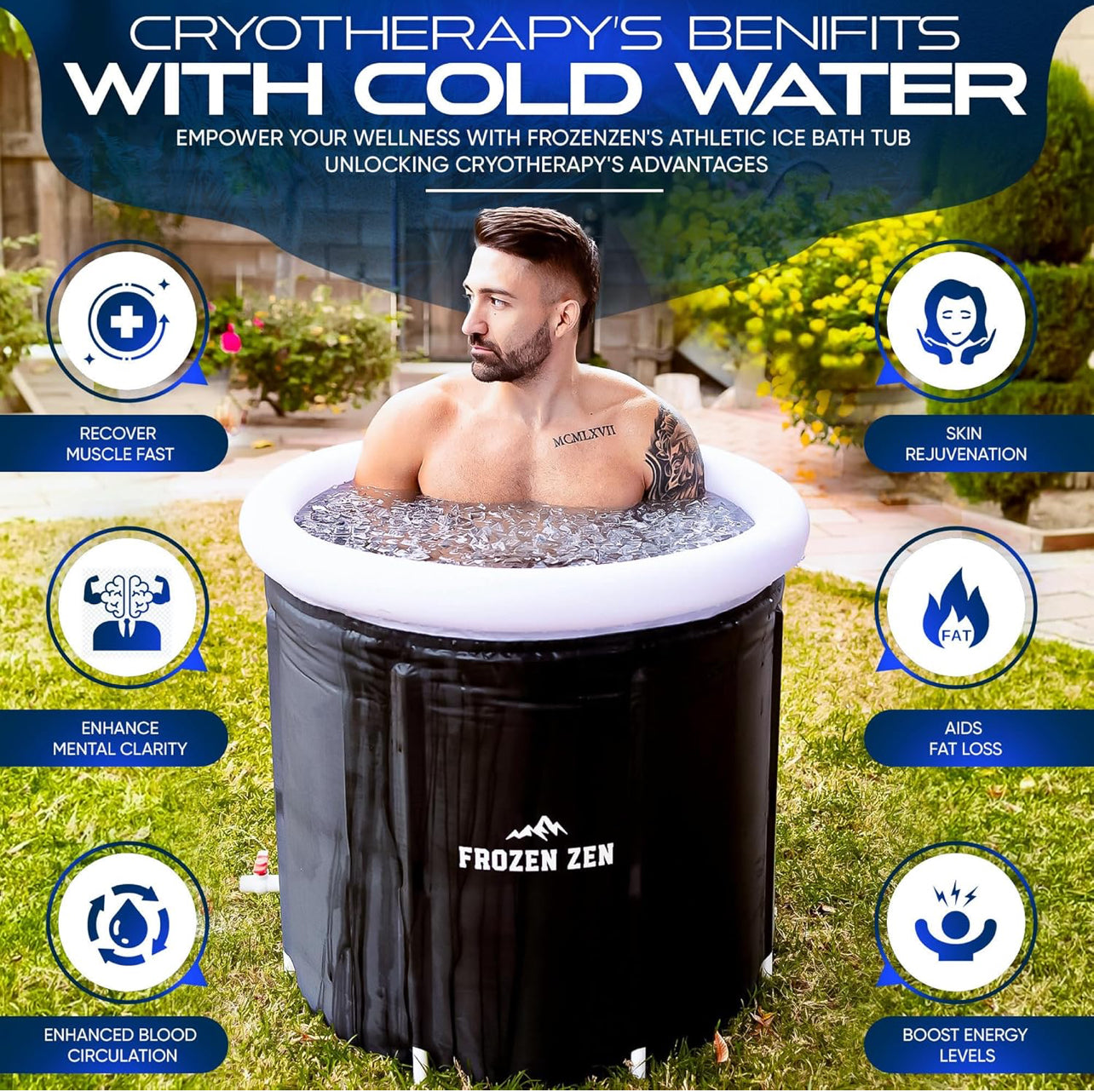 Frozen Zen Ice Bath Tub For Athletes with Lid, XL 105 Gallons Portable Ice Bath, Outdoor Cold Plunge Tub, Large Inflatable Ice Bath, Cold Water Therapy Training (1, white/black)